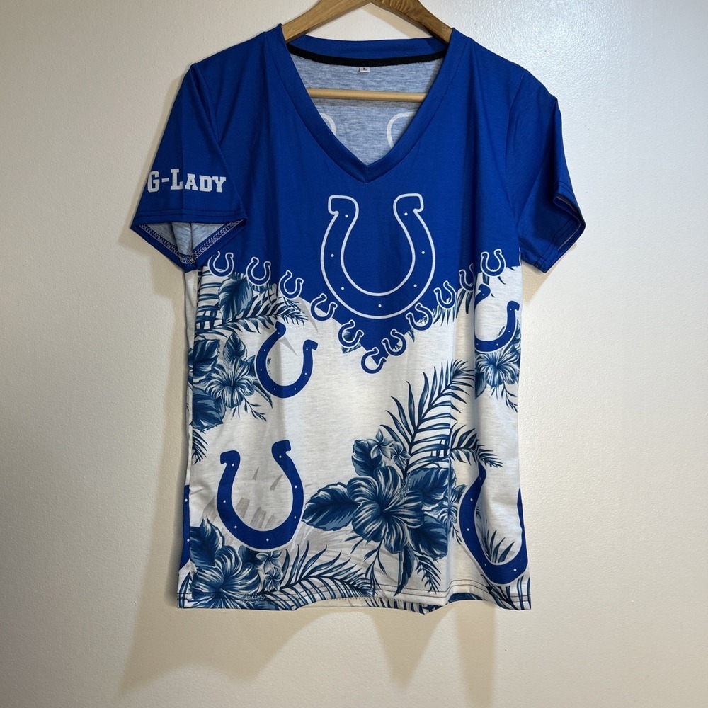 Indianapolis Colts Women's V-neck Tshirt G-Lady Hawaiian Lightweight Size L‎